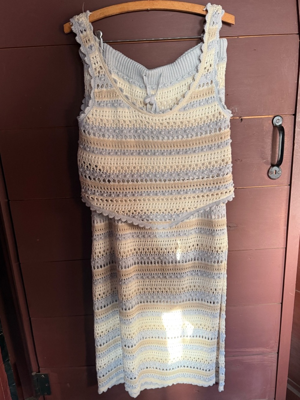 Jessica Simpson Crochet Two-Piece Dress Set in Cream, Tan and Light Blue